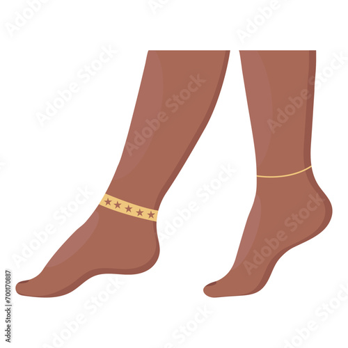 Icon of female dark-skinned legs with jewelry. Cartoon illustration of female legs vector icon for web