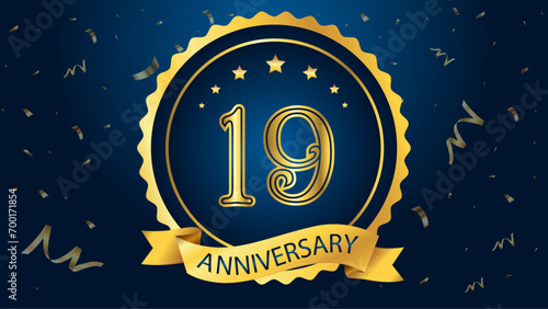 Celebrate the 19th anniversary with gold letters, gold ribbons and confetti on a dark blue background