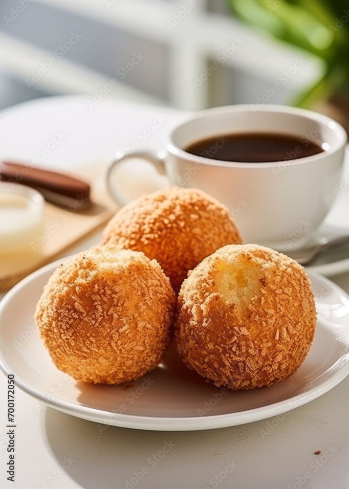 Three Brazilian cheese bread balls and coffee on the table, close-up