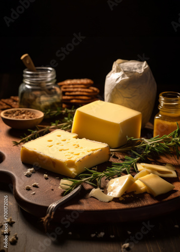 cheese and herbs on the wooden cutting board
