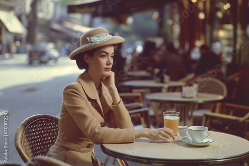 A timeless retro photograph captures the allure of a female seated at a Parisian café table in the 1960s. The scene exudes a classic charm, depicting an era of grace, fashion photo