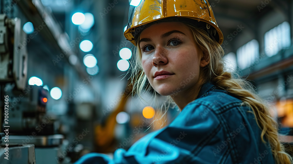 Female automation engineer wearing a blue uniform with helmet safety inspection controls a robot arm. Female automation engineer wearing a blue uniform with helmet safety inspection controls a robot arm.