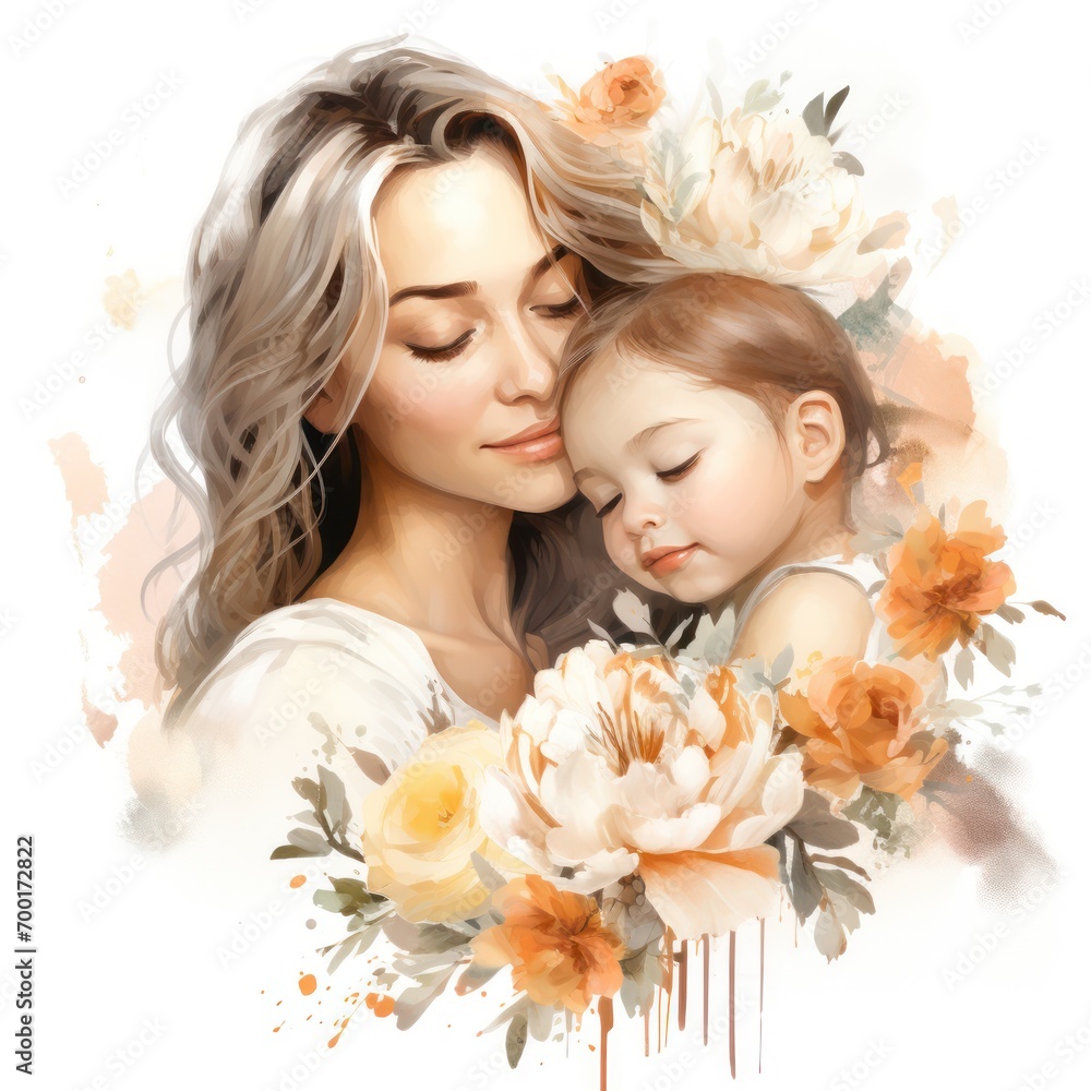 Lovely Mom and Baby on white background, Watercolor Sublimation design , illustration ,artwork graphic design.
