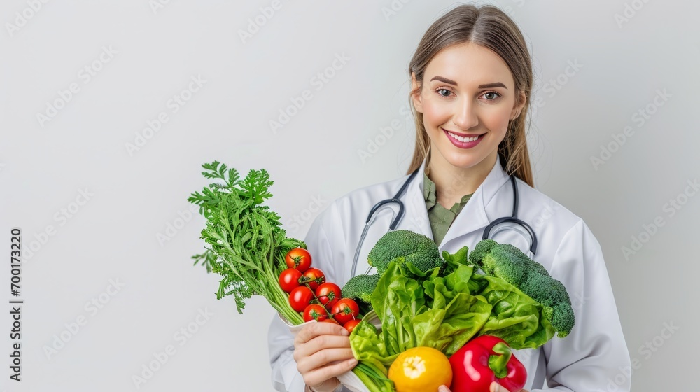 Professional healthcare provider holding fresh vegetables and smiling. Professional healthcare provider holding fresh vegetables and smiling.