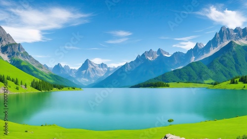 Beautiful nature landscape with mountains and lake © Reazy Studio