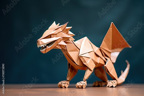 Brown paper origami dragon isolated on dark background. Folded paper sculpture. Symbol for year of the dragon