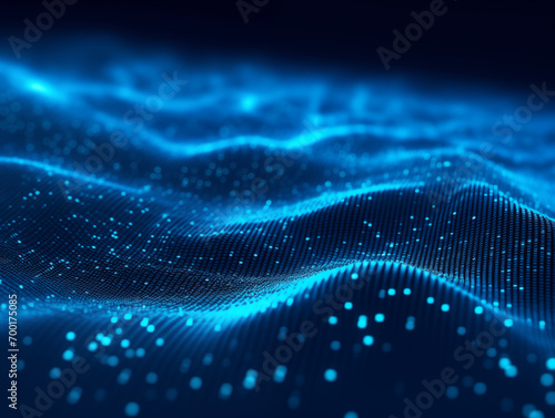 algorithmic digital cloud of blue dots and dots. Bright wavy background. Glowing dots and lines. Neon light. Wave element for design. Smooth particle waves. Dynamic techno wallpaper. Blue color © 思源 蒋