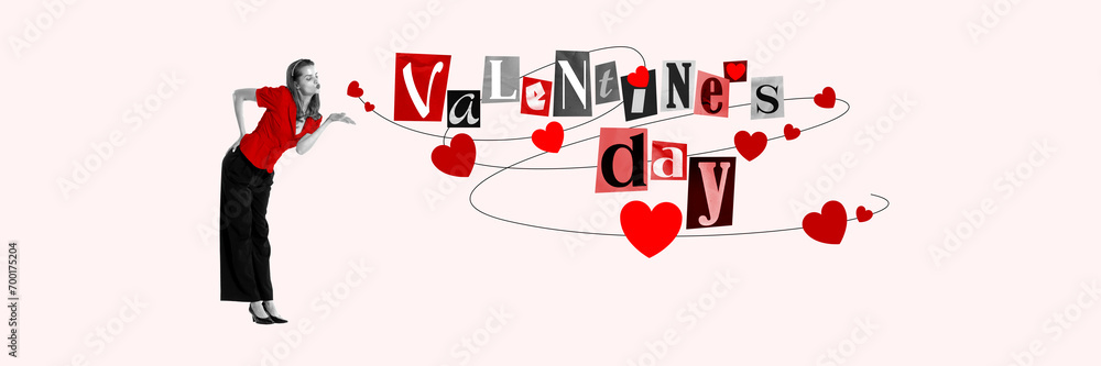 Young pretty girl sending kisses and greetings on romantic holiday. Creative artwork. Concept of Happy Valentine's Day, 14th of February, love. Poster, template for card. Empty space to insert text Young pretty girl sending kisses and greetings on romantic holiday. Creative artwork. Concept of Happy Valentine's Day, 14th of February, love. Poster, template for card. Empty space to insert text