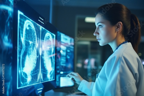 Orthopedic surgeon doctor examining patient joint x-ray bone scan in radiology orthopedic hospital Generative Ai photo