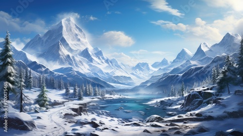 Panorama of icy winter mountain landscape with ice and snow © Barosanu