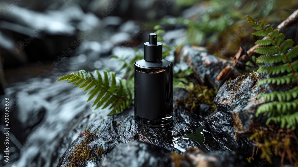 a bottle of black perfume mockup on a black with shiny marble, in the style of minimalist monochromatic landscapes, a bottle of black perfume mockup on a black with shiny marble, in the style of minimalist monochromatic landscapes,