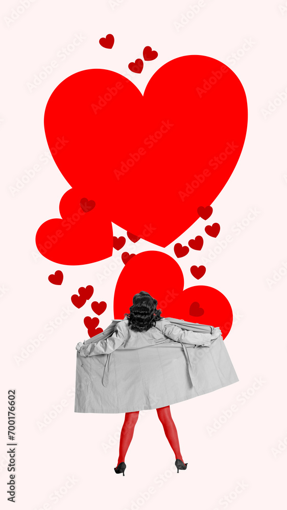 Young woman opening coat and many heart symbols flying out. Love in the air. Creative art collage. Concept of Happy Valentine's Day, 14th of February, love. Poster, template for card Young woman opening coat and many heart symbols flying out. Love in the air. Creative art collage. Concept of Happy Valentine's Day, 14th of February, love. Poster, template for card