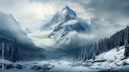 Panorama of icy winter mountain landscape with ice and snow © Barosanu