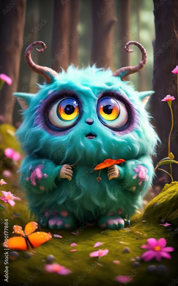 Cute new super fluffy monster who is looking at the butterfly. Big beautiful sweet eyes. In the woods. With on the ground flowers. Generative AI Cute new super fluffy monster who is looking at the butterfly. Big beautiful sweet eyes. In the woods. With on the ground flowers. Generative AI