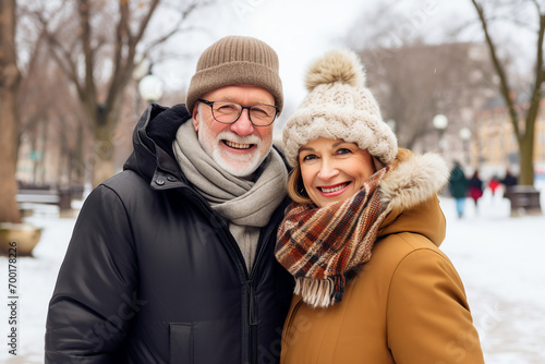 Generative AI portrait of retired couple in winter scene Christmas time hugging spend time