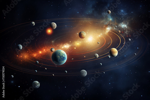 An artist's rendering of a solar system with multiple planets orbiting around a central star generative AI