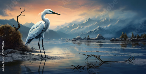 snowy egret wading on the shore with snow capped photo