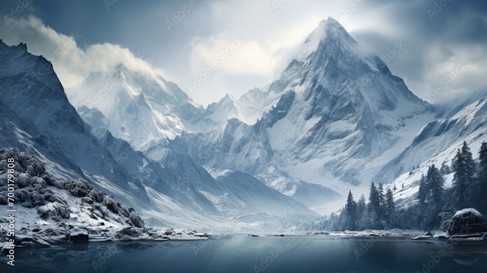 Panorama landscape of mountain river in winter with snow and ice Panorama landscape of mountain river in winter with snow and ice