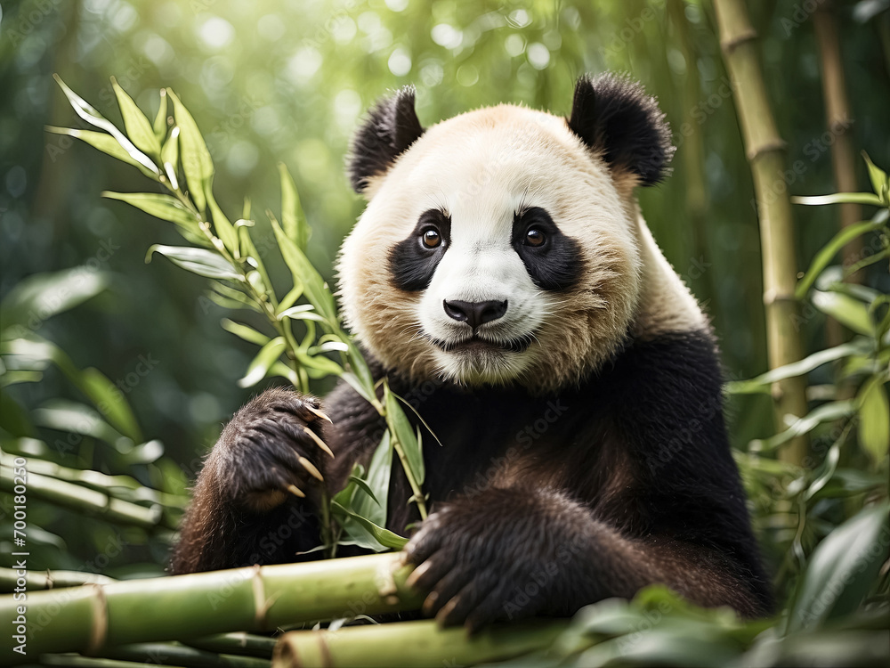 Obraz premium A giant panda bear with bamboo. Generative Ai