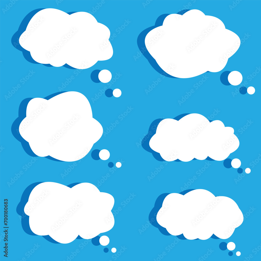 Vector white blank paper speech bubble on blue sky background. Balloon cloud shape. 