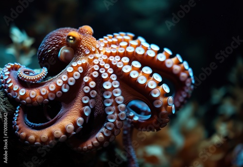 A majestic octopus gliding through sunlit waters surrounded by a school of fish - a dance of sea life © Яна Деменишина