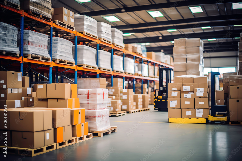 a warehouse with boxes stacked on pallets a warehouse with boxes stacked on pallets