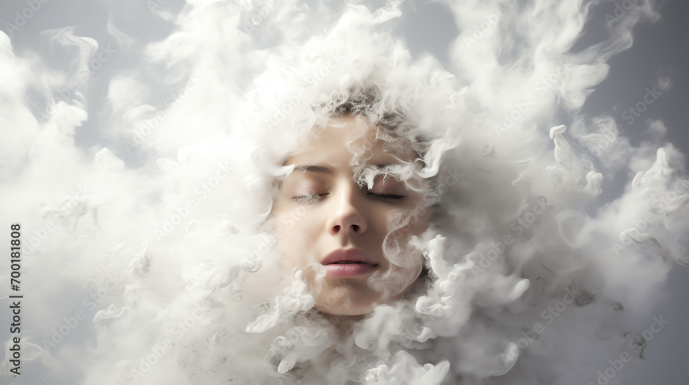 a woman with white feathers around her face a woman with white feathers around her face