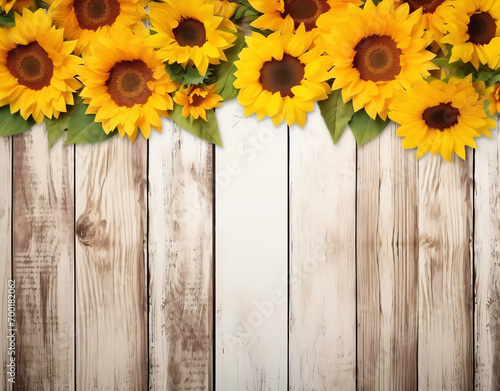 a group of sunflowers on a wood surface