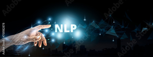 NLP - Natural Language processing technology concept. Chat bot, software and data analysis tools. cognitive computing. Natural Language processing technology concept on virtual screen
