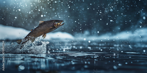Close-up of a rainbow trout jumping out of the water of winter snowy lake photo
