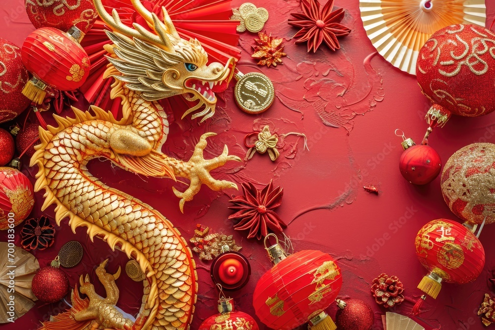 Happy Chinese new year, Dragon Zodiac, Chinese golden dragon, greeting cards and banners