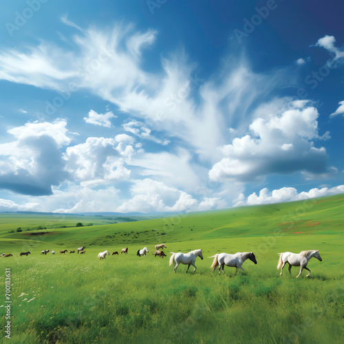 a group of horses running on a green field