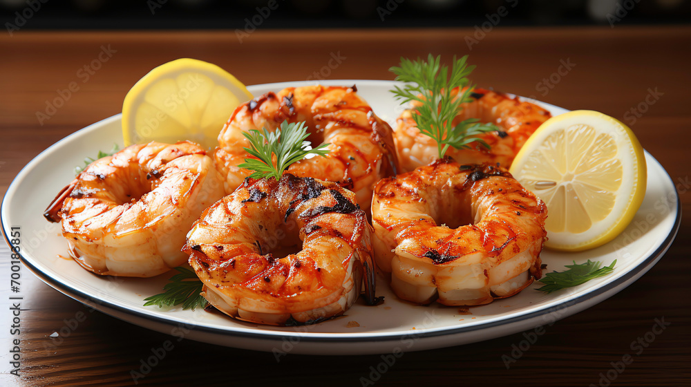a plate of shrimp with lemon slices and parsley a plate of shrimp with lemon slices and parsley
