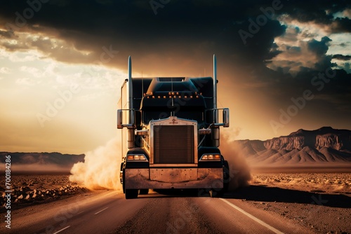 Truck rides on a dusty road in the desert. Sunset. Commercial transport. Truckers. Road transportation. Travel. Logistics. Big machine in motion. Freight transportation. Services. 3D illustation