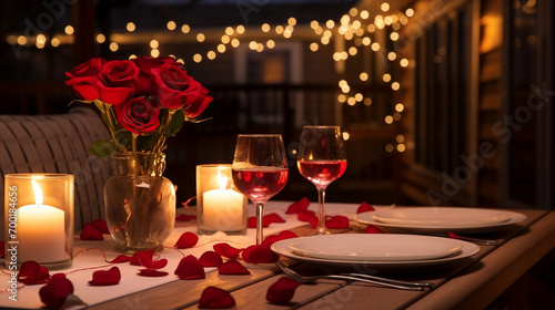 A Cozy Outdoor Dinner Setting with Red Roses and Wine