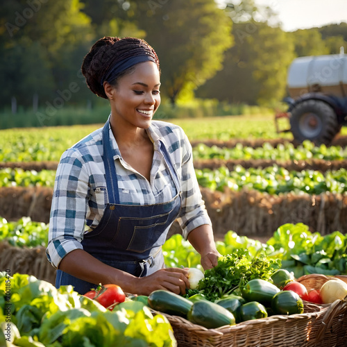 African American farm female worker harvesting raw veggies on the farm. Copy space with free space. Chiaroscuro. Bokeh