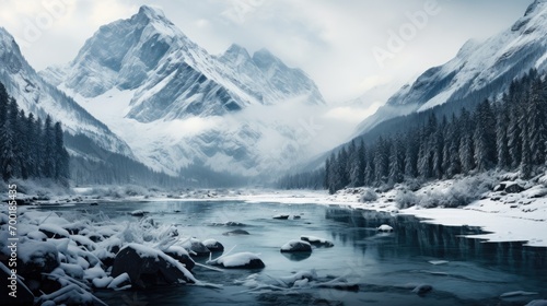 Panorama landscape of mountain river in winter with snow and ice