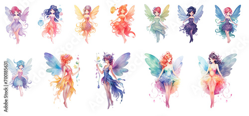 Set of watercolor Illustration Cute Fairy clip art, Transparent background, Cute beautiful little winged fairies. photo