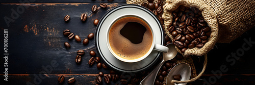 Top view of Cup of coffee and coffee beans in a sack on dark background. photo