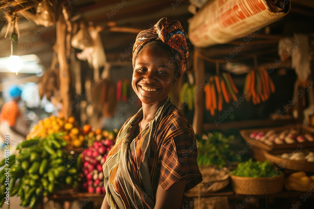 Portrait of happy african woman seller who is standing on his workplace in market, 