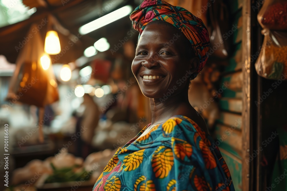 Obraz premium Portrait of happy african woman seller who is standing on his workplace in market,