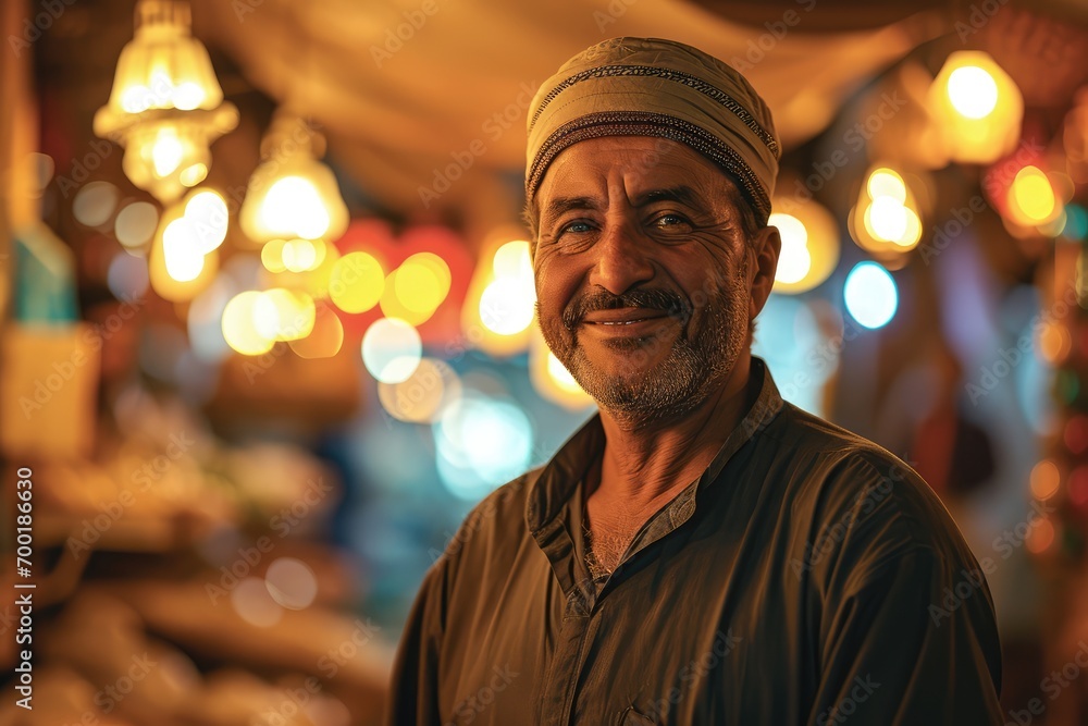 Obraz premium Portrait of happy arabic man seller who is standing on his workplace in market,
