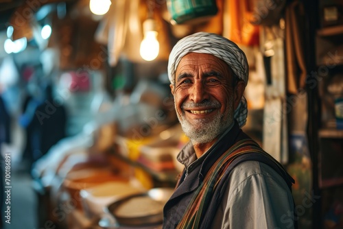 Portrait of happy arabic man seller who is standing on his workplace in market,