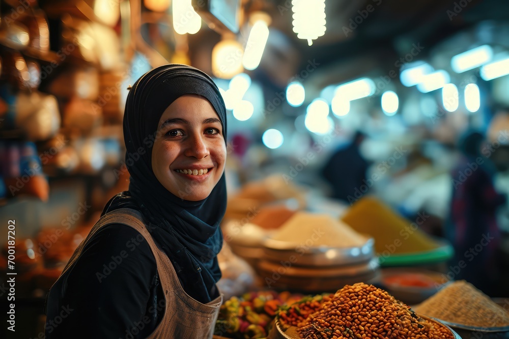Portrait of happy arabic woman seller who is standing on his workplace in market,