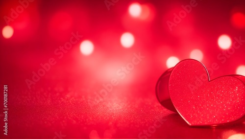 Valentines background with heart. Beautiful red background with glittering heart, bokeh lights and empty space.