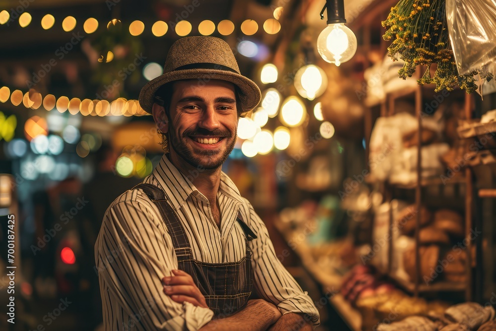 Portrait of happy european man seller who is standing on his workplace in market,