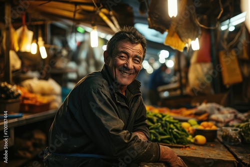 Portrait of happy european man seller who is standing on his workplace in market, © Jiwa_Visual