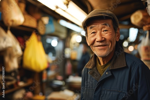 Portrait of happy japanese man seller who is standing on his workplace in market, 