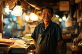 Portrait of happy japanese man seller who is standing on his workplace in market, 