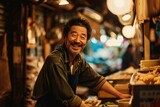 Portrait of happy japanese man seller who is standing on his workplace in market, 